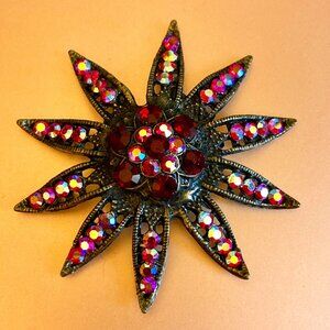 Gorgeous Starburst Ruby Rhinestone Brooch